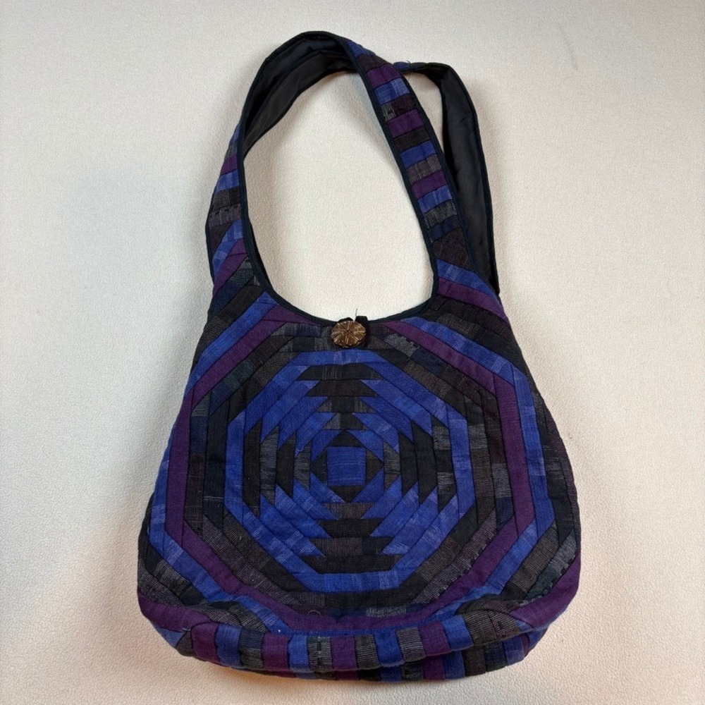 Boho Quilted Pineapple Pattern Hobo Shoulder Bag Blue Purple‎ Artisan Unique